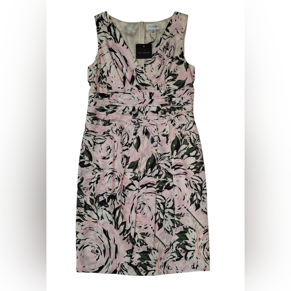 St. John Collection Pink/Green Floral Silk V-Neck Sleeveless Dress Retail $1195